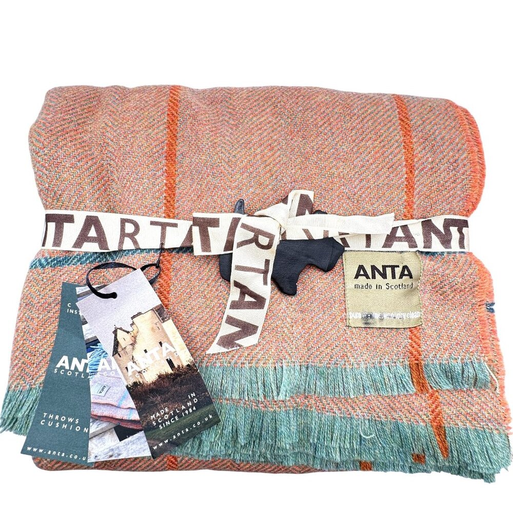 ANTA Plaid Throw Blanket 50"x60" 100% Merino Wool Coral Pink Turquoise NWT